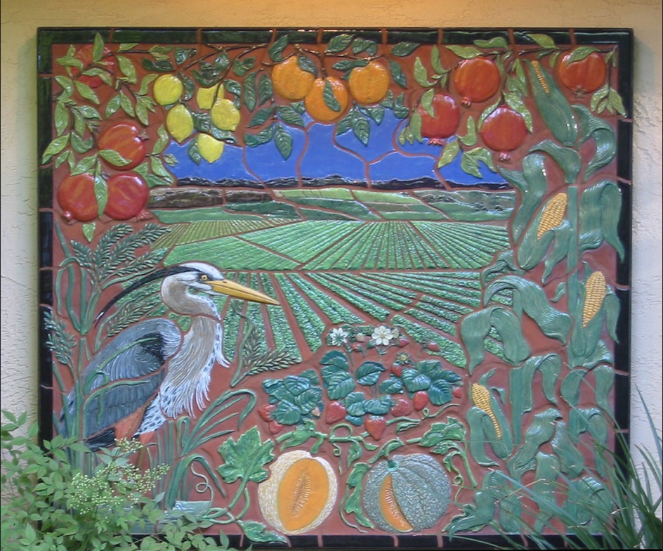 Colorful Carved Ceramic Mural with Heron and Agriculture Design 